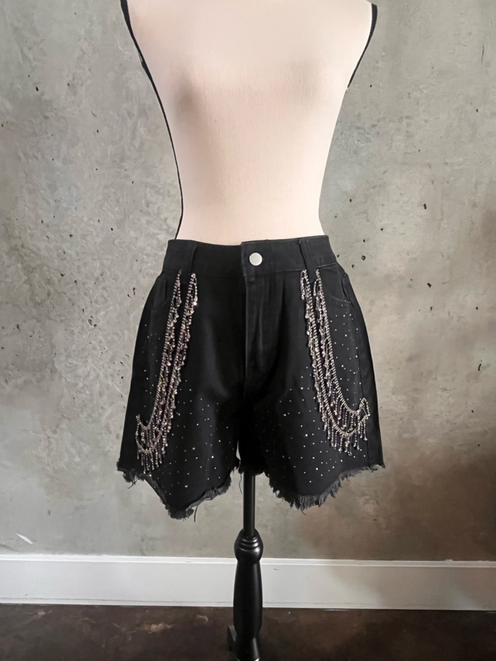Black Beaded Fringe High-Rise Women's Shorts